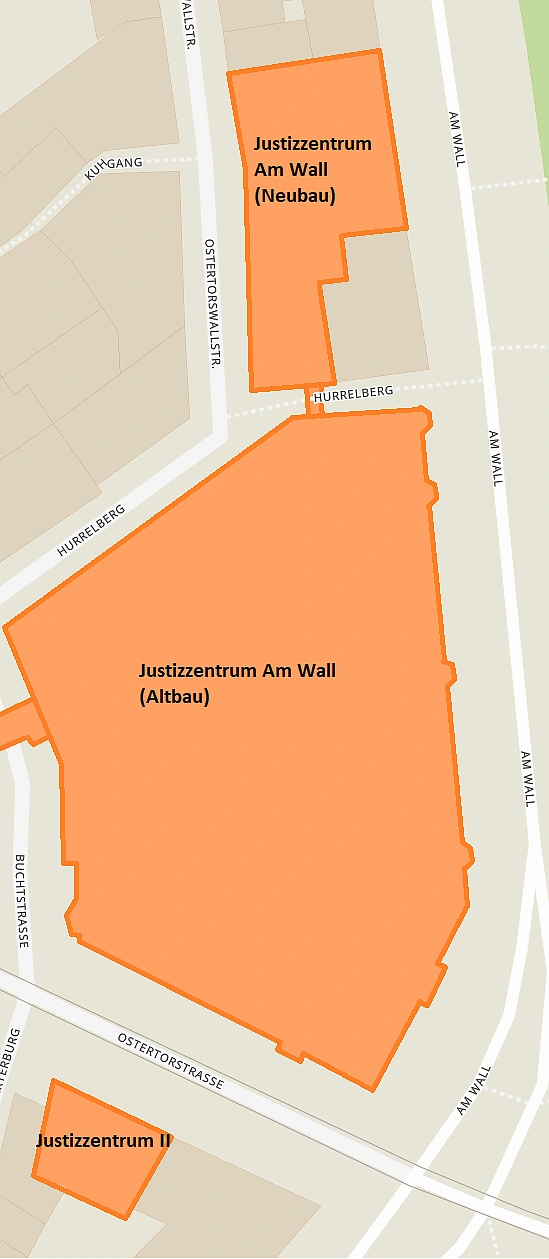 Grafische Darstellung der 3 Gebäudeteile anhand einer Karte in Nord-Süd-Ausrichtung